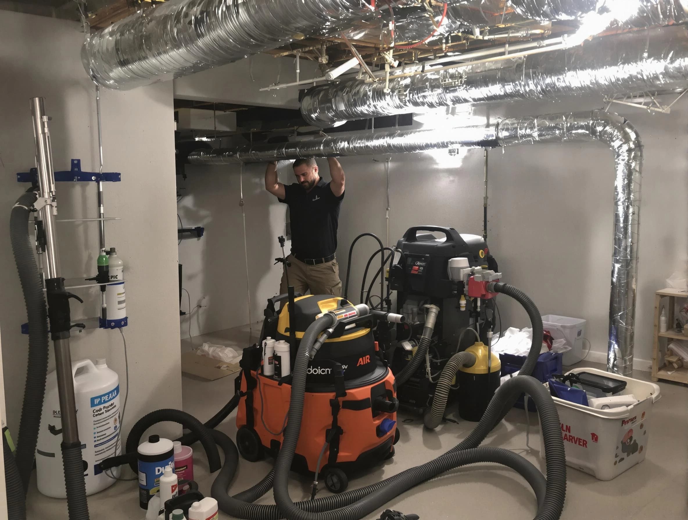 Brentwood Air Duct Cleaning specialist performing professional mold removal from air ducts using safety equipment in Brentwood