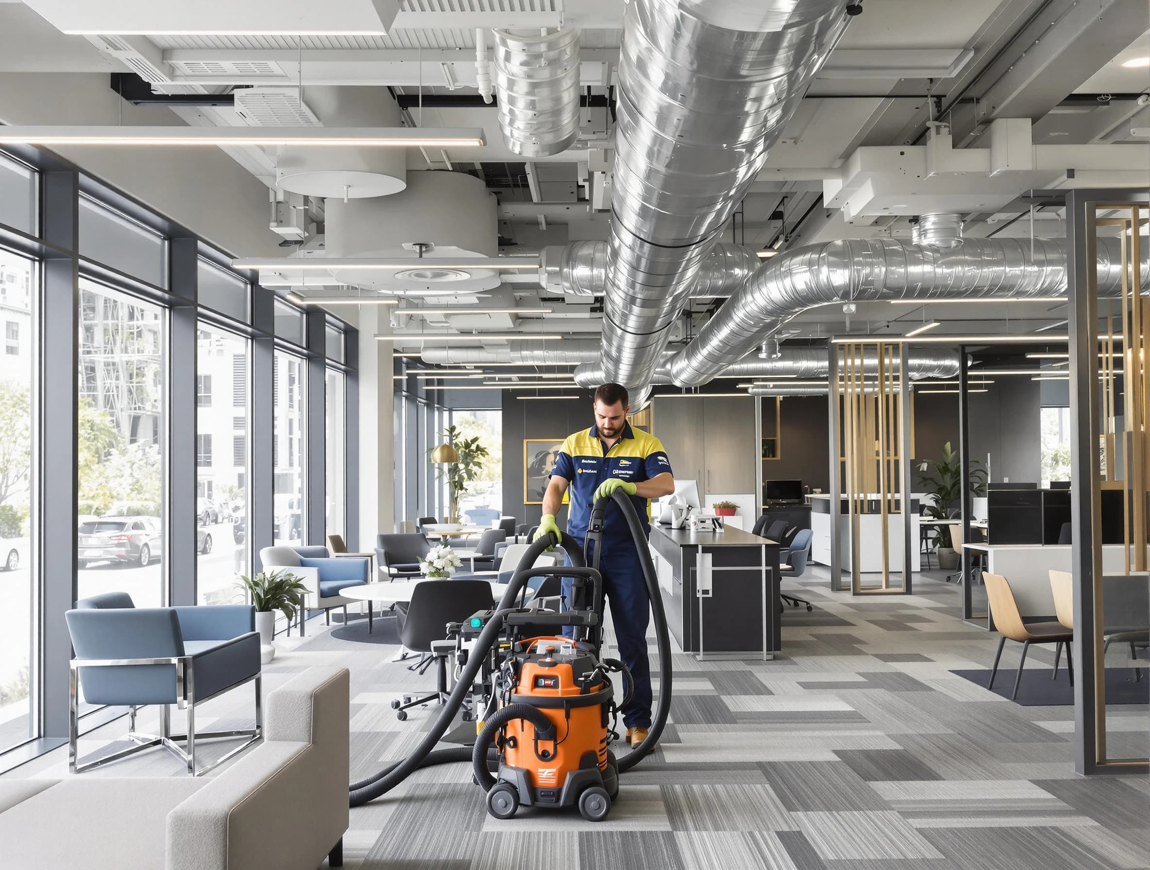 Brentwood Air Duct Cleaning team performing thorough commercial duct cleaning at a Brentwood business center